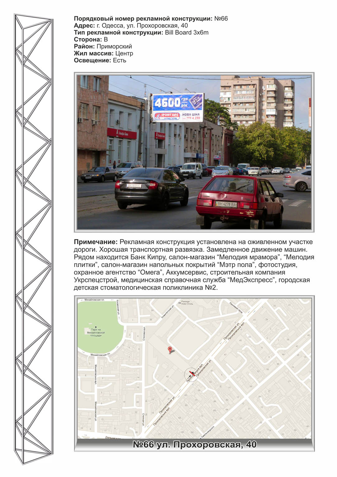 Billboard Odessa,  No66 st. Prohorovskaa,42 - v centr (Akkumservis, sup-t otdelocnyh m-lov, Bank Kipra)
