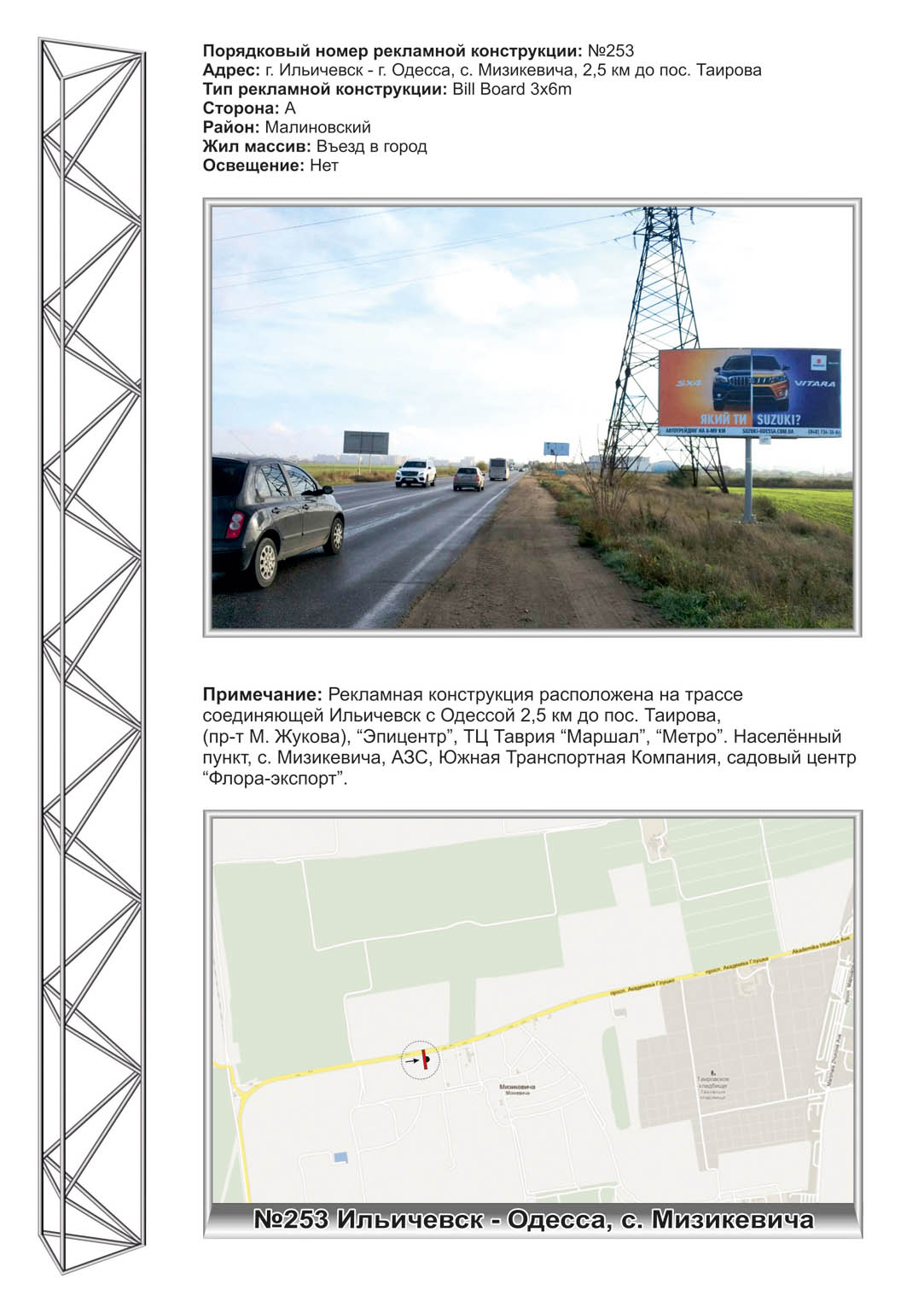 Billboard Odessa,  No253 Il'icevsk- Odessa(km 11+680m),s.Mizikevica,1km do Tairova v gorod