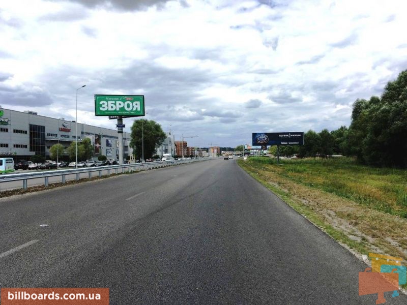 Billboard Khodosivka,  Dniprovs'ke sose, trasa N-01 "Kiiv-Znam'anka", km 23+950 livo, za 300m do povorotu na s. Hodosivku ta AZS UPG, navproti TC "MegaMarket", livij