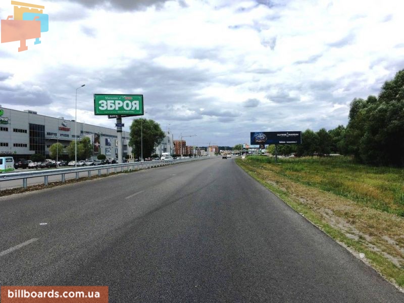 Billboard Khodosivka,  Dniprovs'ke sose, trasa N-01 "Kiiv-Znam'anka", km 23+950 livo, za 300m do povorotu na s. Hodosivku ta AZS UPG, navproti TC "MegaMarket", pravij