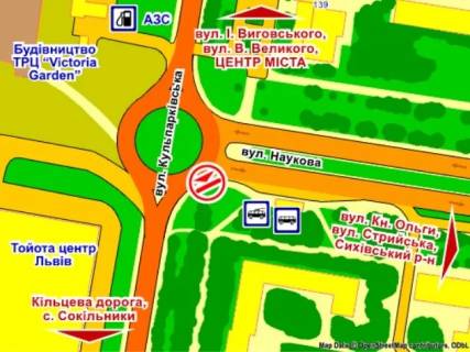 Billboard A in Lviv вул. Кульпарківська – Наукова, зліва, розмір 2,3 х 3,2 м скрол scheme