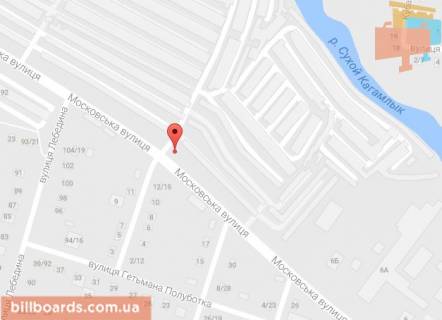 Billboard A in Kremenchuk st. V.Pugaceva (st. Moskovskaa), perekrestok s st. L.Ukrainki, vozle ofisnogo centra <<Kaskad>>, rajon Optovogo produktovogo rynka, povorot k Stroitel'nomu rynku scheme