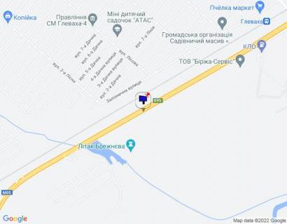Billboard B in Glevakha smt. Kalinivka, trasa M-05 Kiiv-Odesa, km 29+650 livo, cerez 650m pisla povorotu na st. Vokzal'na ta AZS KLO, za 850m do AZS AMIK scheme