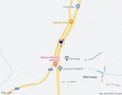 Billboard B in Kiev roads s. Mitnica, trasa M-05 Kiiv-Odesa, km 45+500 livo, cerez 700m pisla AZS Avantage7, cerez 1km pisla magazinu ATB ta rozv'azki z avtoslahom R-19, za 250m do povortu na st. Lenina ta st. Tarasa Sevcenka, za 250m do otelu "Mezon Blans" scheme