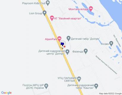 Billboard A in Kozin Konca-Zaspa, trasa R-01, km 31+750 livo, bila avtobusnoi zupinki, za 150m do gotelu "AlpenPark", za 500m do kotedznogo mistecka "Hvojnij Kvartal", cerez 150m pisla povorotu na st. Lobanovs'kogo scheme