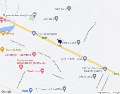 Billboard A in Vorzel smt. Vorzel', trasa M-07 "Kiiv-Kovel'", km 32+300 livo, navproti ZK "Forest Lend", za 400m do AZS BRSM Nafta, cerez 200m pisla povorotu na st. Maksima Zaliznaka, cerez 450m pisla avtobusnoi zupinki, cerez 520m pisla povorotu na st. Vatutina scheme