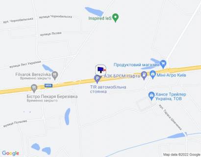 Billboard A in Berezivka (Kiev region) s. Berezivka, trasa M-06 "Kiiv-Cop" (Zitomir), km 36+250 pravo, navproti TIR avtomobil'noi stoanki, cerez 350m pisla AZS BRSM-Nafta, za 650m do restoranu "Bistro Pekara", za 750m do otelu "Mezon Blans" scheme