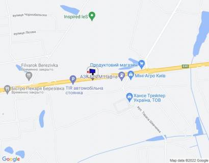 Billboard A in Berezivka (Kiev region) s. Buzova, trasa M-06 "Kiiv-Cop" (Zitomir), km 36+150 livo, cerez 150m pisla TIR avtomobil'noi stoanki, cerez 750m pisla restoranu "Bistro Pekara", cerez 850m pisla otelu "Mezon Blans", za 200m do AZS BRSM-Nafta scheme