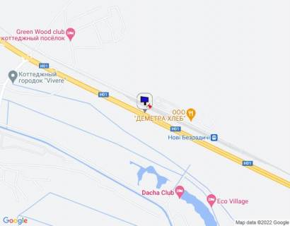 Billboard A in Kiev roads Dniprovs'ke sose, trasa N-01 "Kiiv-Znam'anka", km 35+700 livo, cerez 420m pisla z/d stancii, za 880m do povorotu na s. Novi Bezradici scheme