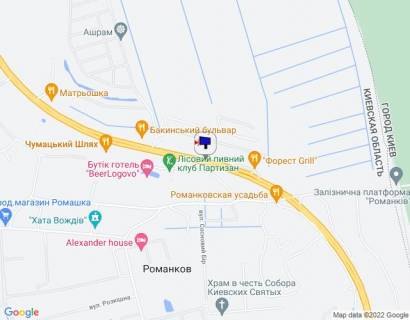 Billboard B in Romankiv Dniprovs'ke sose, trasa N-01 "Kiiv-Znam'anka", km 28+460 livo, navproti restoranu "Tri musketeri", cerez 450m pisla restoranu "Cumac'kij slah", za 250m do restoranu "Forest Grill" scheme