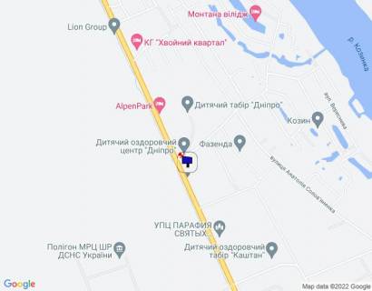 Billboard B in Kozin Конча-Заспа, траса Р-01, км 32+000 ліво, навпроти автобусної зупинки, через 100м після повороту на вул. Лобановського, через 400м після готелю "AlpenPark", через 750м після котеджного містечка "Хвойний Квартал", за 150м до повороту на с. П'ятихатки scheme