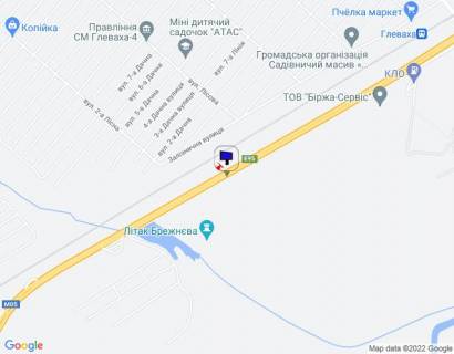 Billboard A in Glevakha smt. Kalinivka, trasa M-05 Kiiv-Odesa, km 29+650 livo, za 650m do povorotu na st. Vokzal'na ta AZS KLO, cerez 850m pisla AZS AMIK scheme