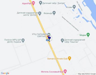 Billboard B in Kozin Konca-Zaspa, trasa R-01, km 32+450 livo, cerez 250m pisla povorotu na s. P'atihatki (st. Anatolia Solov'anenka), cerez 550m pisla povorotu na st. Lobanovs'kogo scheme