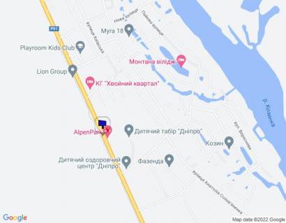 Billboard B in Kozin Konca-Zaspa, trasa R-01, km 31+600 pravo, navproti gotelu "AlpenPark", cerez 300m pisla povorotu na st. Lobanovs'kogo, za 230m do avtobusnoi zupinki, za 350m do kotedznogo mistecka "Hvojnij Kvartal" scheme