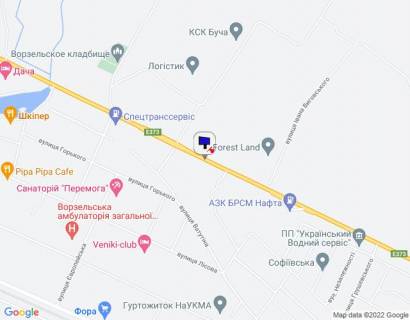 Billboard B in Vorzel smt. Vorzel', trasa M-07 "Kiiv-Kovel'", km 32+300 livo, navproti ZK "Forest Lend", cerez 400m pisla AZS BRSM Nafta, za 200m do povorotu na st. Maksima Zaliznaka, za 450m do avtobusnoi zupinki, za 520m do povorotu na st. Vatutina scheme