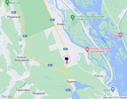 Billboard A in Kozin Konca-Zaspa, trasa R-01, km 35+200 livo, cerez 300m pisla povorotu do kotedznogo mistecka "Plutovo", m. Ukrainka ta avtobusnoi zupinki scheme