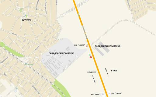 Billboard B in Odessa trasi, 3х6  Odesa-Kiiv  (453 + 160km). Za Klevernim mostom z Odesi,  k s.Altestovo, sklads'kij kompleks scheme