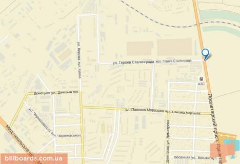 Billboard A in Berdyansk peretin av. Proletars'kij - st. Geroiv Stalingradu (viizd z mista po trasi T0815, 150 m. do zapravki "DP") scheme