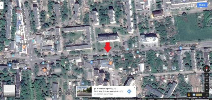 Billboard B in Poltava, 3*6  m.Poltava,st.Stepovogo Frontu,30, z`ednue centr z mikrorajonom Almaznij,4-a poliklinika,medicnij centr,stomatpoliklinika,optika. scheme