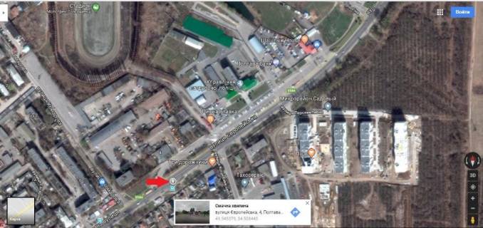 Billboard A in Poltava, 3*6  m. Poltava st. Evropejs'ka,255 naproti Oblasnogo DAI ta ZK "Sadovij" scheme