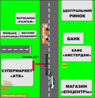 Billboard A in Berdychiv Zitomirskaa,  20/1 (Central'nyj rynok) na stene scheme