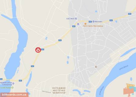 Billboard A in Kiev roads avtomobil'na doroga R-69 <<Kiiv-Visgorod-Desna-Cernigiv>>,800m. pisla povorotu na masiv <<Mizricca>>, livoruc, u napramku z m. Visgoroda v  s. Hotanivka. scheme