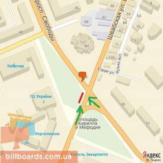 Billboard B in Beregovo 3h4m pl.Kirila i Mefodia, pis.perehid, avtob,zup, TC Ukraina, naav.-prosp.Svobodi scheme