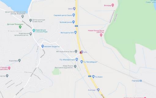 Non-Standard B in Khodosivka, 2х16  N 01 Novo Obuhivs'ka tr. 23+432 km vid KPP. Persij vid Kieva, svitlofor, povorot na Hodosiivku, zaizd do MEGAMARKET, TRC Manafaktura, AZS Motto, z Kieva scheme