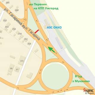 Billboard A in Uzhgorod st.,Karpats'koi Ukraini(Gagarina) transp.kil'ce, AZS OKKO, v'izd zi storoni m.Mukacevo scheme