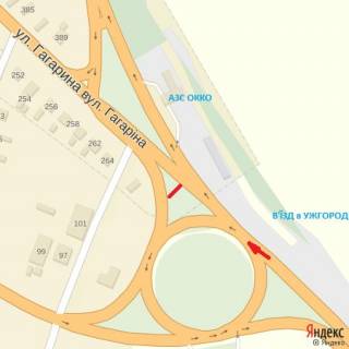 Billboard A in Uzhgorod st.Karpats'koi Ukraini (Gagarina), transp.kil'ce, AZS OKKO, v'izd zi storoni m.Mukacevo, napram.-st.Gagarina scheme