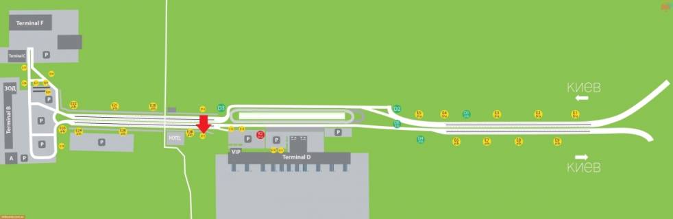 Backlight A in Boryspil Aeroport "Borispol'". Gorizonal'nyj beklajt po napravleniu dvizenia  iz ZOD i c parkovok terminalov A, B, C, F, povorot k Perem'er Vip launz) scheme