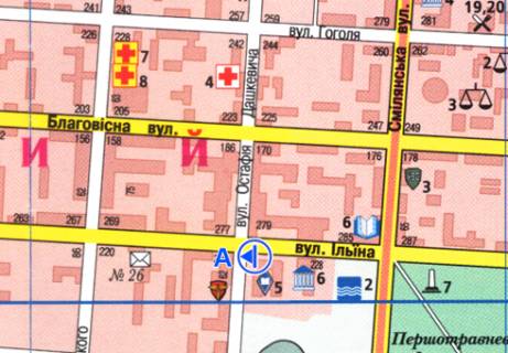 Backlight A in Cherkasy, 2.3x3.14  Nadpil'na st. (Il'ina st.), 226 - Ostafia Daskevica st. (Ostafia Daskovica st.) scheme