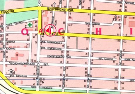 Billboard A in Cherkasy, 3x6  Nadpil'na st. (Il'ina st.), 65 - Brativ Ahnenkiv prov. (Zovtnevij prov.) scheme