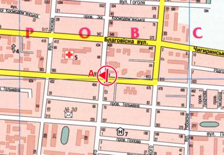 Billboard A in Cherkasy, 3x6  Nadpil'na st. (Il'ina st.), 589 - Kobzars'ka st. (Verbovec'kogo st.) scheme