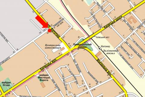 Billboard  in Zhytomyr, 3x6  Nezaleznosti av. (kol. Vatutina st.) / Grusevs'kogo st. (kol. Kotovs'kogo st.), 102, v bik vokzalu scheme