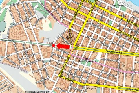 Prismatron, Prism A in Mykolaiv, 3x6  Central'nij av. (kol. Lenina av.) / Rumina st., rozdil'nik, bila Central'nogo rinku, supermarketu "Fokstrot", z centru - 19554 scheme