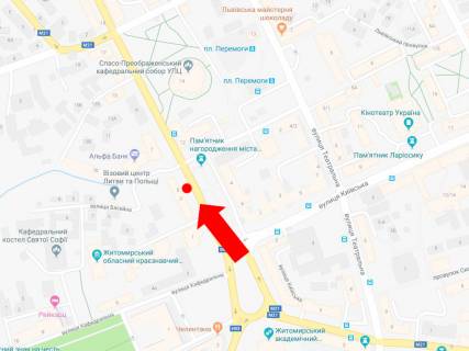 Citylight  in Zhytomyr, 1.8x1.2  Peremogi st., 3, zupinka "Peremogi pl.", centr, v storonu st. M. Grusevs'kogo scheme