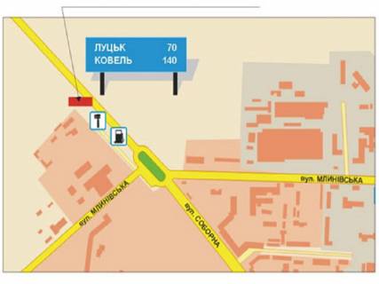 Billboard A in Rivne Mlinivs'ka st., 32, v'izd v m. Rivne, z boku m. Luc'k, livij scheme