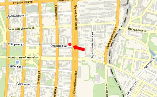 Citylight  in Kam'yanets-Podilsky, 1.8x1.2  Soborna st. / Grusevs'kogo av., bila central'nogo rinku scheme