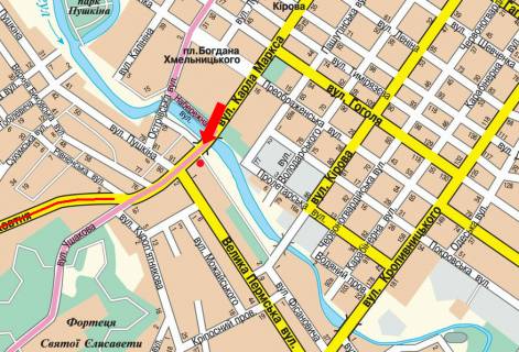 Citylight  in Kropyvnytskyi (Kirovograd), 1.8x1.2  Soborna st. (kol. 50-ricca Zovtna st.) / V. Perspektivna st. (kol. Marksa st.), bila mostu cerez r. Ingul, z centru scheme