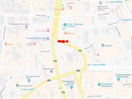 Citylight B in Lviv, 1.8x1.2  Cornovola av. - Rizni pl., za Opernim teatrom (zupinka "Plosa Rizni") (liva), v centr scheme