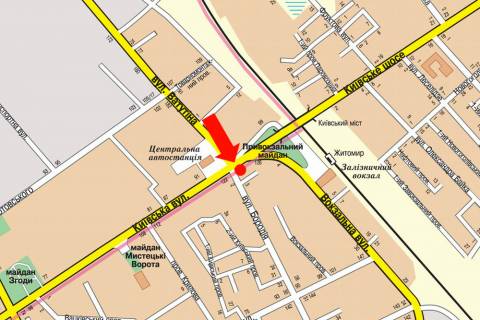 Billboard  in Zhytomyr, 3x6  Kiivs'ka st., 122 / Petluri st. (kol. Borodia st.), bila avtovokzalu scheme