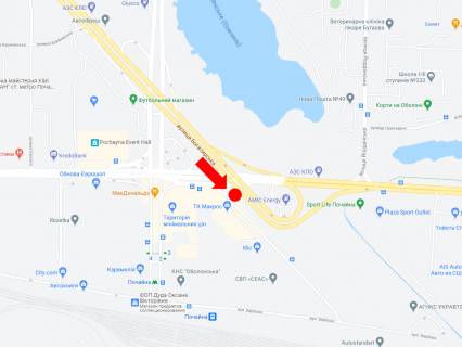 Billboard  in Kyiv, 3x6  Banderi av., 16B - st. Bogatirs'ka, z'izd z mosta na av. Banderi, v bik Pivnicnogo mostu scheme