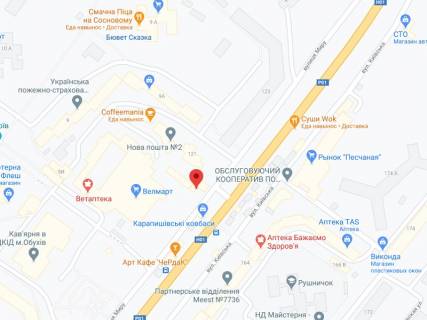 Billboard A in Obukhiv Miru st., 10, apteka "Vitamin", prajs za rolik 10 sek 1 vihid/5 hvilin, z 8:00-22:00. Rozrahunok dla insih parametriv translacii utocnujte u menedzera. scheme