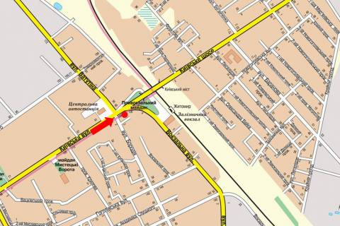 Billboard A in Zhytomyr, 3x6  Kiivs'ka st., 124 / Petluri st. (kol. Borodia st.), Privokzal'na pl., z centru scheme