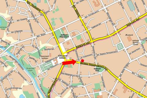 Citylight B in Zhytomyr, 1.8x1.2  Berdicivs'ka st., 7 / Teatral'na st., bila magazinu "Brejn", Avtodoroznogo koledzu, na svitlofori scheme
