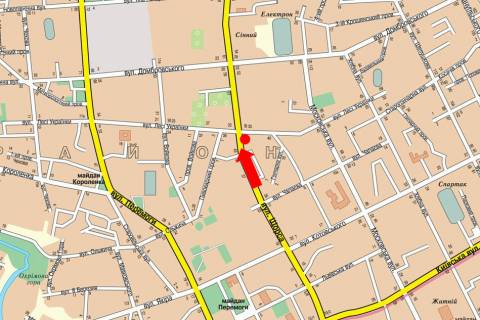 Billboard A in Zhytomyr, 3x6  Ukrainki st., 36 / Pokrovs'ka st. (kol. Sorsa st.), bila hlibzavodu No1 scheme