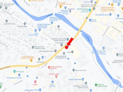 Billboard B in Kropyvnytskyi (Kirovograd), 3x6  V. Perspektivna st. (kol. Marksa st.) / Verhna Perms'ka st., bila sportivnoi skoli "Nadia", z centru scheme