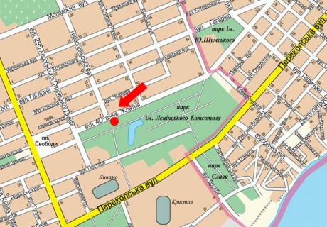 Billboard  in Kherson, 3x6  Nebesnoi Sotni st. (kol. 40-ricca Zovtna st.) / Tiraspol's'ka st., bila parku "Hersons'ka forteca", v centr (flazok) scheme