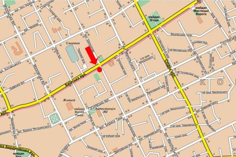 Billboard A in Zhytomyr, 3x6  Knaziv Ostroz'kih st. (kol. Seluskova st.) / Kiivs'ka st., bila Ukrgazbanku, na svitlofori scheme